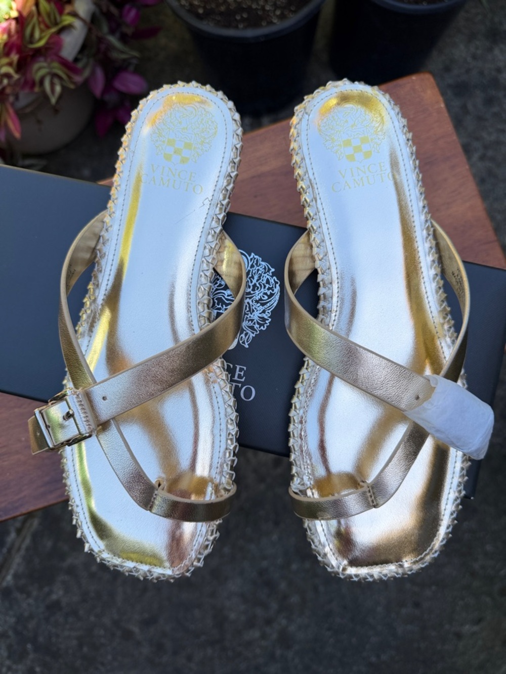 Vince Camuto Gold Metallic Cross-Strap Slide Sandals - Picture 2 of 5